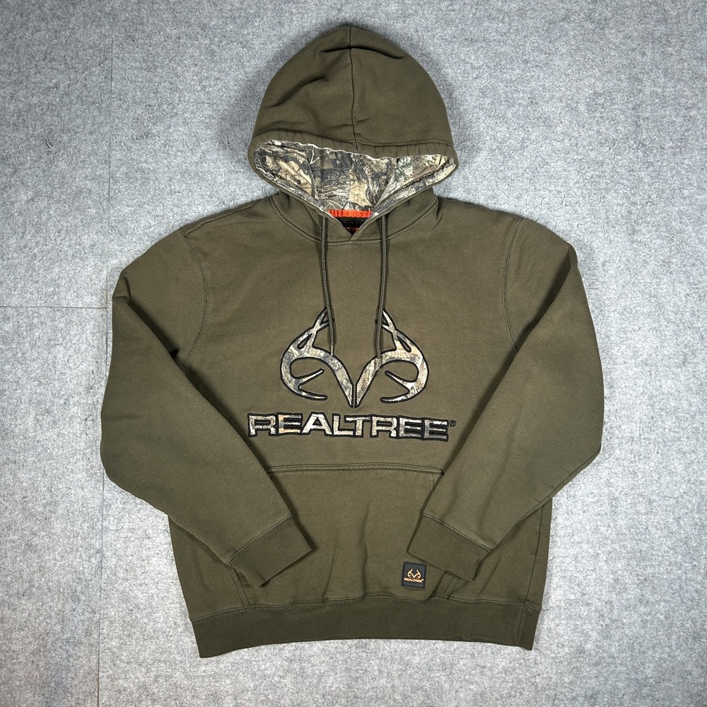 Vintage Realtree Hoodie Mens Large Olive Green Y2K Camo Hunting Outdoors Antler